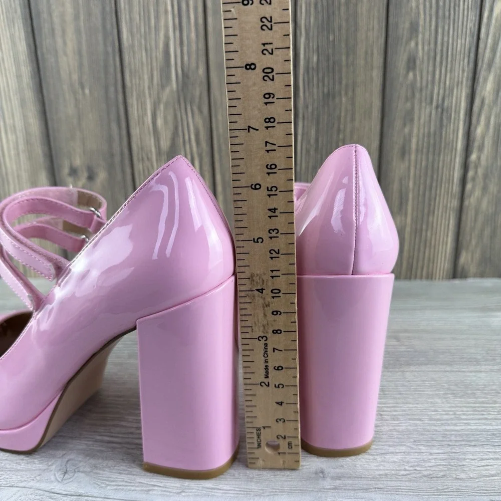 Steve Madden Womens 7.5 Pink Patent Mary Jane Platform Block Heel Pumps